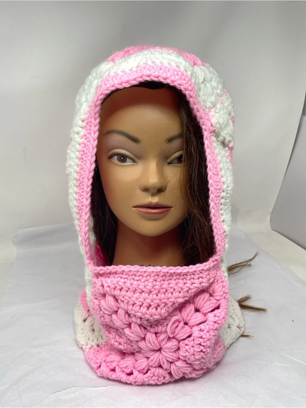 Handmade Crochet Knit Granny Square Balaclava Hood Scarf Floral Pink & White